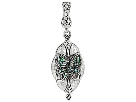 Multi-Color Carved Abalone Shell Butterfly Silver Enhancer Pendant