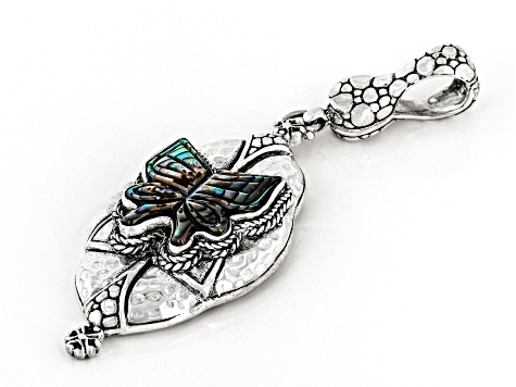 Multi-Color Carved Abalone Shell Butterfly Silver Enhancer Pendant