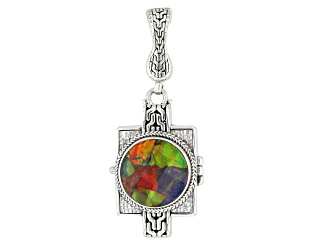 Multi-Color Mosaic Ammolite Triplet Silver Locket Enhancer Pendant