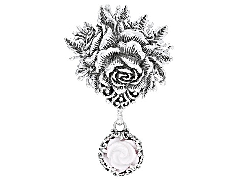 White Carved Mother-of-Pearl Silver Rose Pendant