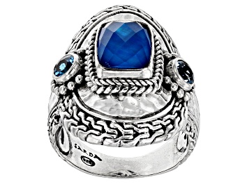 Picture of Cobalt Blue Mother-of-Pearl Quartz Triplet & Topaz Silver Ring .54ctw