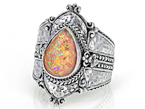 Lab Created Salmon Pink Opal Quartz Doublet Silver Ring 4.34ct