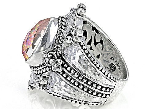 Lab Created Salmon Pink Opal Quartz Doublet Silver Ring 4.34ct