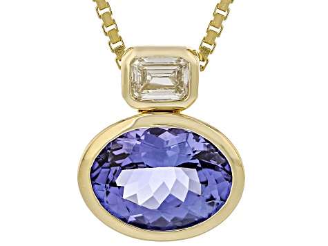 Tanzanite With Lab Grown White Diamond 14k Yellow Gold Pendant With Chain 2.36ctw