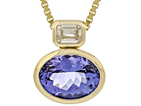 Tanzanite With Lab Grown White Diamond 14k Yellow Gold Pendant With Chain 2.36ctw