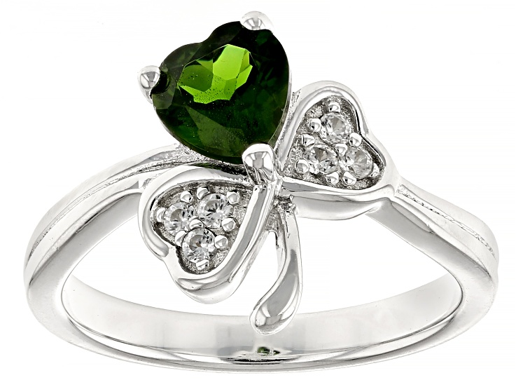 Green Chrome Diopside Rhodium Over Sterling Silver Shamrock