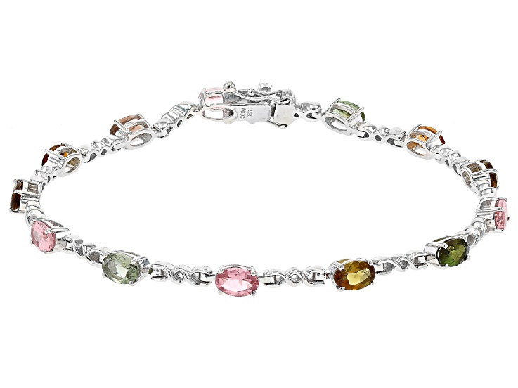 Multi-Tourmaline Rhodium Over Sterling Silver Tennis Bracelet 5.73ctw
