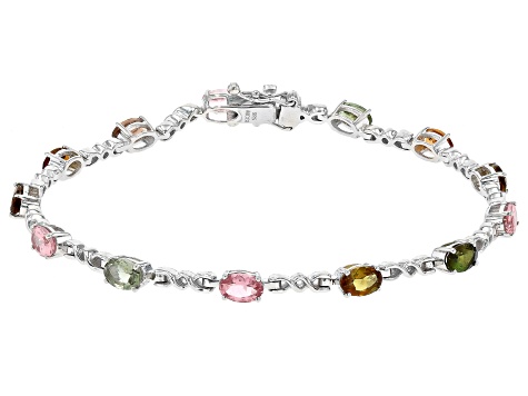 Multi-Tourmaline Rhodium Over Sterling Silver Tennis Bracelet 5.73ctw