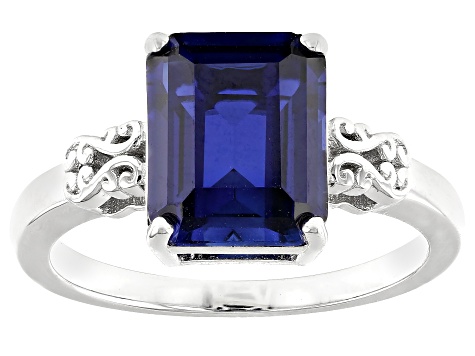 Blue Lab Created Sapphire Rhodium Over Sterling Silver Ring 3.43ct