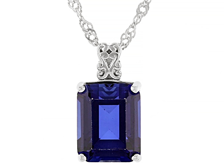 Blue Lab Created Sapphire Rhodium Over Sterling Silver Pendant