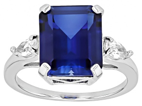 Blue Lab Created Sapphire Rhodium Over Sterling Silver 3-Stone Ring 5.84ctw