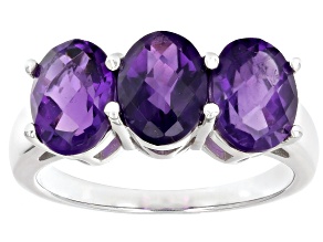African Amethyst Rhodium Over Sterling Silver 3-Stone Ring 3.06ctw
