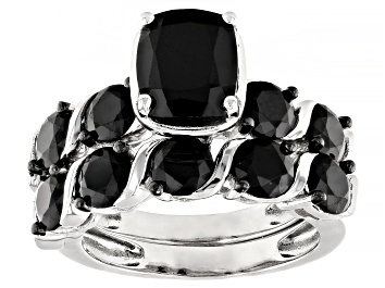 Picture of Black Spinel Rhodium Over Sterling Silver Set of Two Rings 5.80ctw