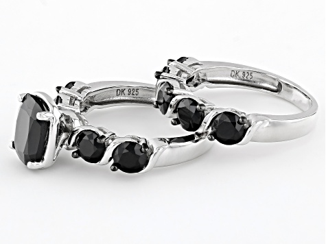 Black Spinel Rhodium Over Sterling Silver Set of Two Rings 5.80ctw