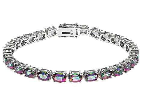 Mystic Fire® Green Topaz Rhodium Over Sterling Silver Tennis Bracelet 22.37ctw