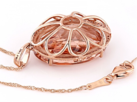 Peach Morganite With White Diamond 14k Rose Gold Pendant With Chain 17.89ctw