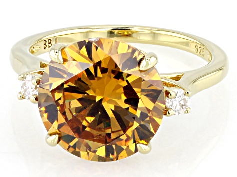 Cognac Strontium Titanate And Moissanite 18k Yellow Gold Over Sterling Silver Ring 0.09ctw