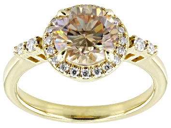 Picture of Champagne Strontium Titanate & Moissanite 18k Yellow Gold Over Sterling Silver Halo Ring 5.75ctw