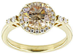 Champagne Strontium Titanate & Moissanite 18k Yellow Gold Over Sterling Silver Halo Ring 5.75ctw