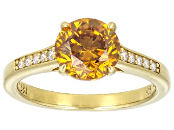 Picture of Cognac Strontium Titanate And White Moissanite 18k Yellow Gold Over Sterling Silver Ring 5.60ctw