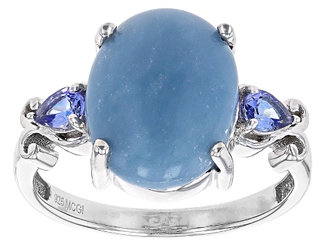 Blue Angelite Rhodium Over Sterling Silver Ring 0.24ctw