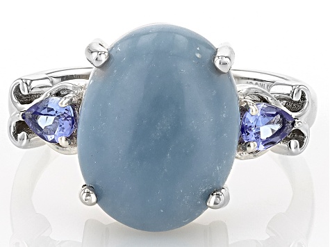 Blue Angelite Rhodium Over Sterling Silver Ring 0.24ctw