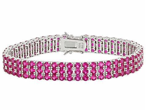 Lab Created Ruby Rhodium Over Sterling Silver Tennis Bracelet 17.14ctw