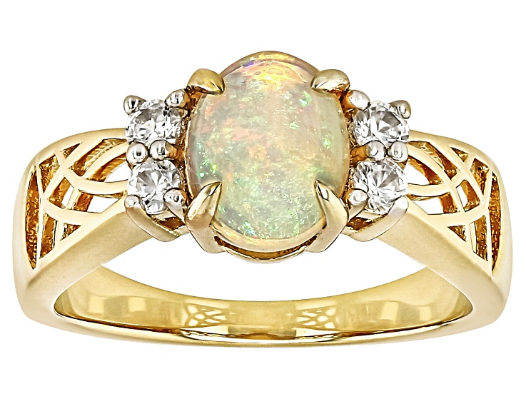 Honey Color Ethiopian Opal With White Zircon 18k Yellow Gold