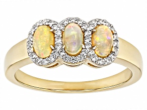 Honey Color Ethiopian Opal With White Zircon 18k Yellow Gold Over Sterling Silver Ring 0.28ctw