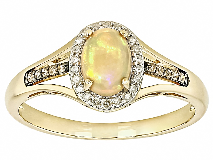 Buttercup Color Ethiopian Opal With Champagne And White Diamond 10k Yellow Gold Ring 0.69ctw
