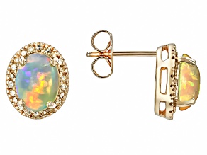 Buttercup Color Ethiopian Opal With Yellow Diamond 10k Yellow Gold Earrings 1.35ctw