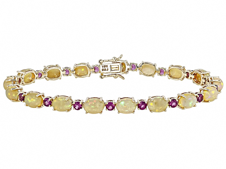Multi Color Ethiopian Opal With Rhodolite 10k Yellow Gold Bracelet 10.55ctw
