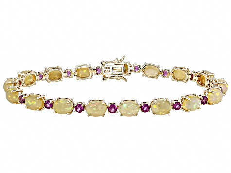 Multi Color Ethiopian Opal With Rhodolite 10k Yellow Gold Bracelet 10.55ctw