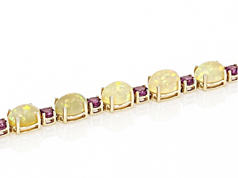 Multi Color Ethiopian Opal With Rhodolite 10k Yellow Gold Bracelet 10.55ctw