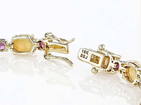 Multi Color Ethiopian Opal With Rhodolite 10k Yellow Gold Bracelet 10.55ctw