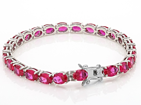 Red Lab Created Ruby Rhodium Over Sterling Silver Tennis Bracelet 20.19ctw