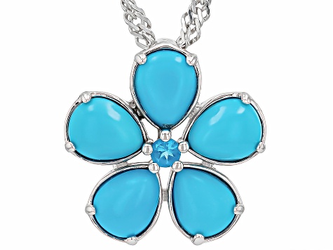 Blue Sleeping Beauty Turquoise With Neon Apatite Rhodium Over Silver Pendant With Chain 0.03ct