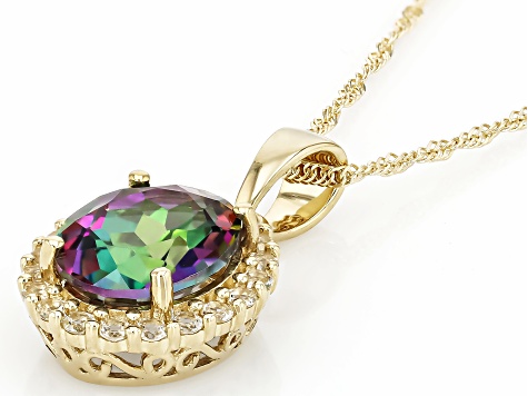 Mystic Fire® Green Topaz 10k Yellow Gold Pendant With Chain 3.16ctw