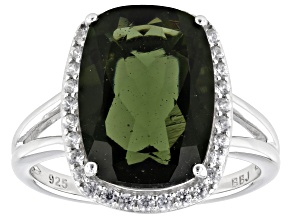 Green Moldavite Rhodium Over Sterling Silver Ring 4.22ctw