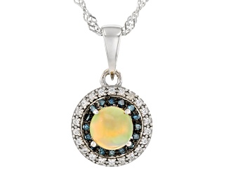 White Ethiopian Opal with Blue Diamond & Zircon Rhodium Over Silver Pendant with Chain 0.67ctw