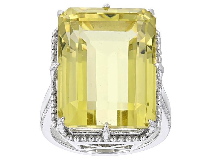 せい #6228 18x17.5mm Col.Crystal LISH Canary Quartz Rhodium Over Sterling Silver Ring 22.19ct