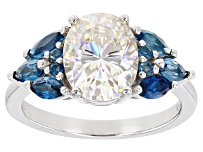 Strontium Titanate and london blue topaz rhodium over sterling silver ring 4.15ctw.