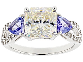 Fabulite Strontium Titanate with tanzanite and white zircon rhodium over silver ring  4.06ctw.
