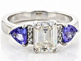 Strontium Titanate with tanzanite & white zircon rhodium over silver ring 2.93ctw.