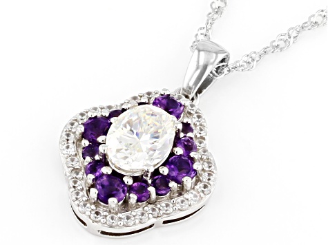 Strontium with African Amethyst and White Zircon Rhodium over Silver Pendant 2.60ctw.