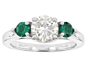Strontium Titanate and lab created emerald rhodium over silver three stone ring 2.13ctw