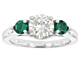 Strontium Titanate and lab created emerald rhodium over silver three stone ring 2.13ctw