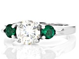 Strontium Titanate and lab created emerald rhodium over silver three stone ring 2.13ctw