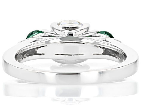 Strontium Titanate and lab created emerald rhodium over silver three stone ring 2.13ctw