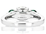 Strontium Titanate and lab created emerald rhodium over silver three stone ring 2.13ctw
